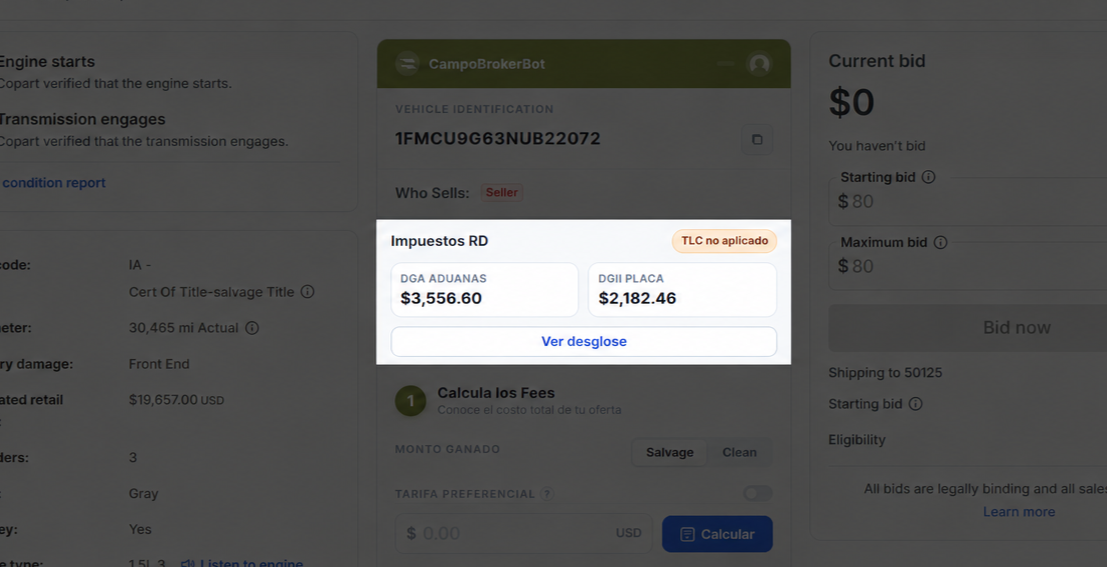 Impuestos RD automáticos al entrar a cualquier lote de Copart o IAAI