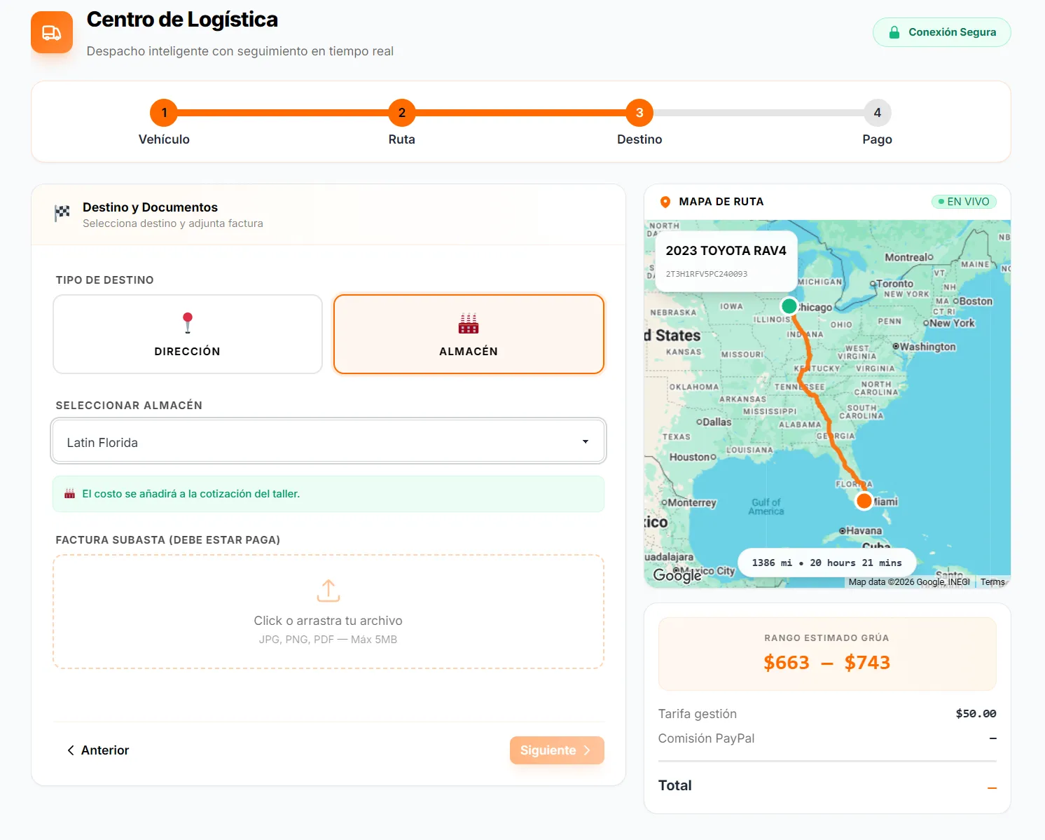 Centro de Logística: Solicita tu grúa desde el dashboard ingresando VIN, origen, destino y factura