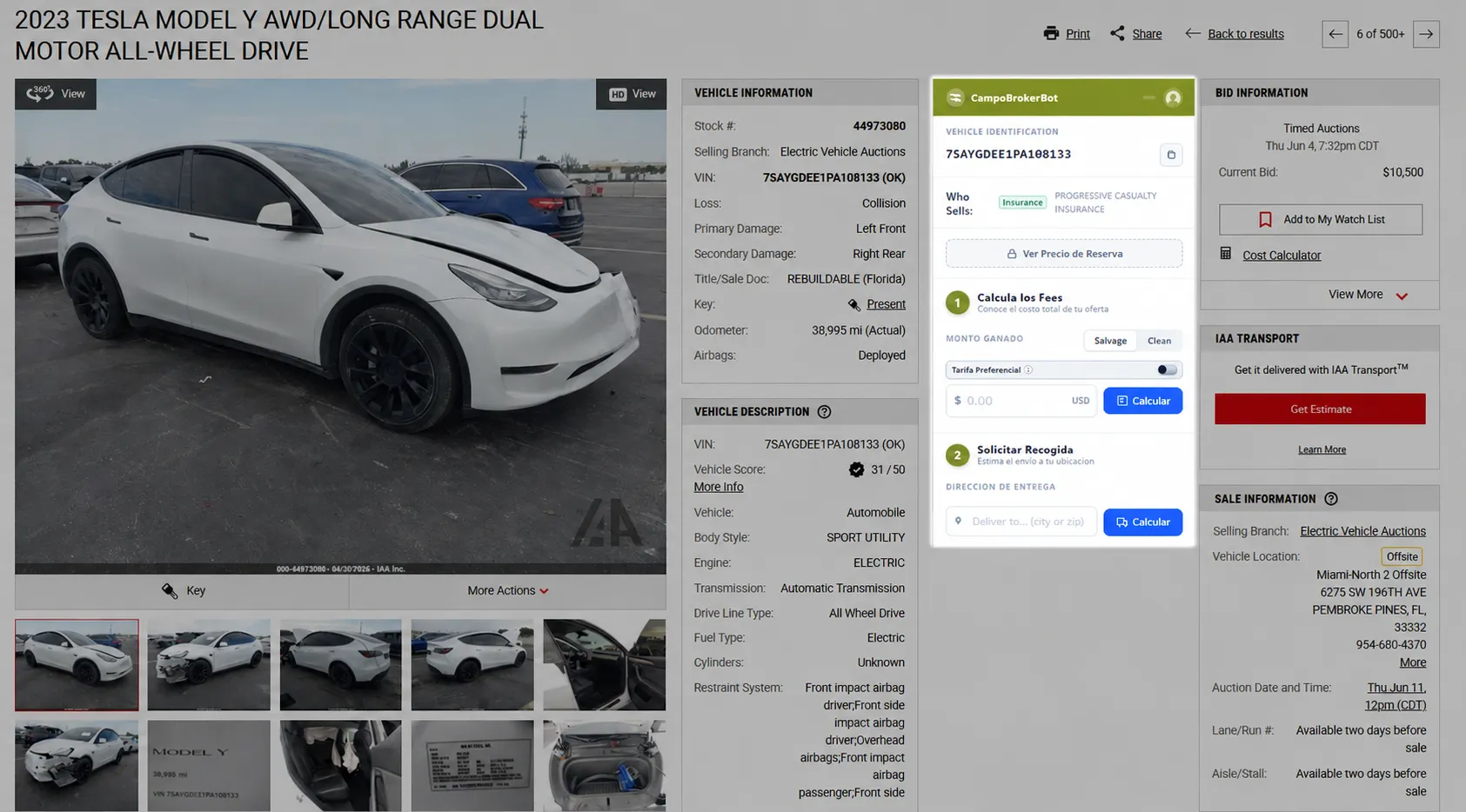 Pantalla real de IAAI con CampoBrokerBot mostrando precio de reserva y calculadora de fees integrados