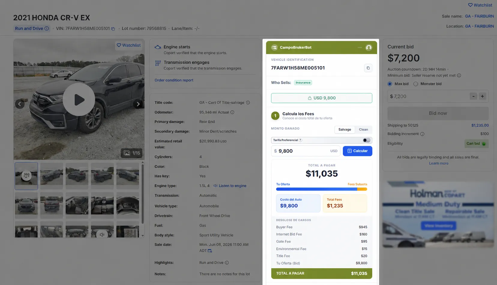 Calculadora de fees de CampoBrokerBot integrada directamente en la página del lote