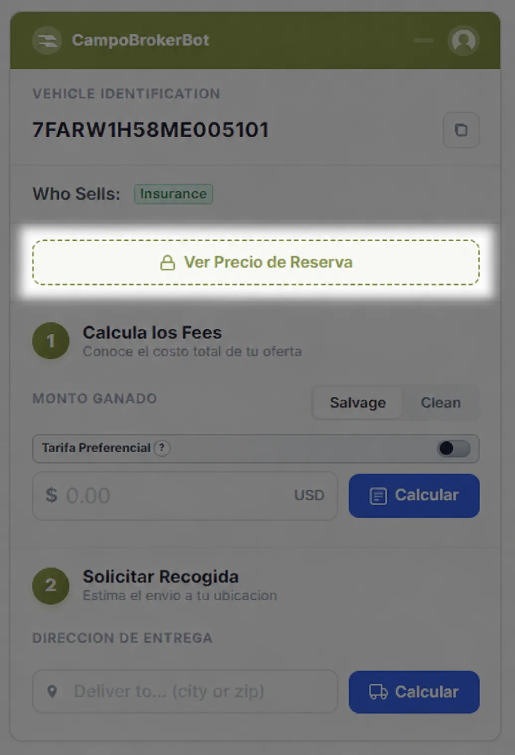 Panel principal de CampoBrokerBot con información del lote, vendedor y precio de reserva